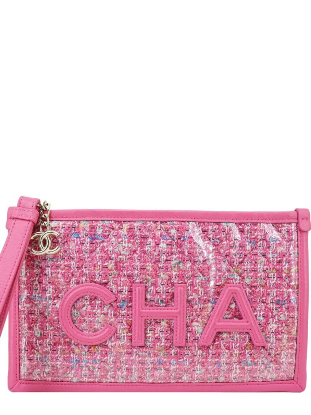 Chanel Logo Small Quilted Tweed PVC Clutch Pink